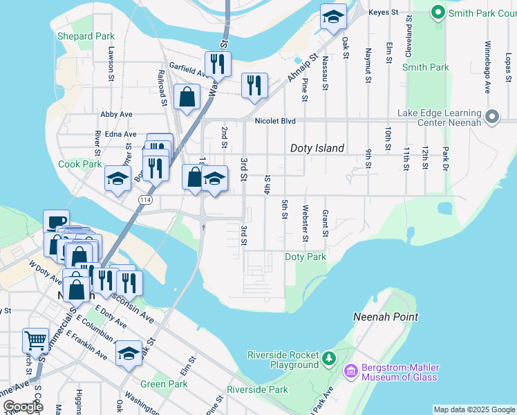 map of restaurants, bars, coffee shops, grocery stores, and more near 413 East Forest Avenue in Neenah