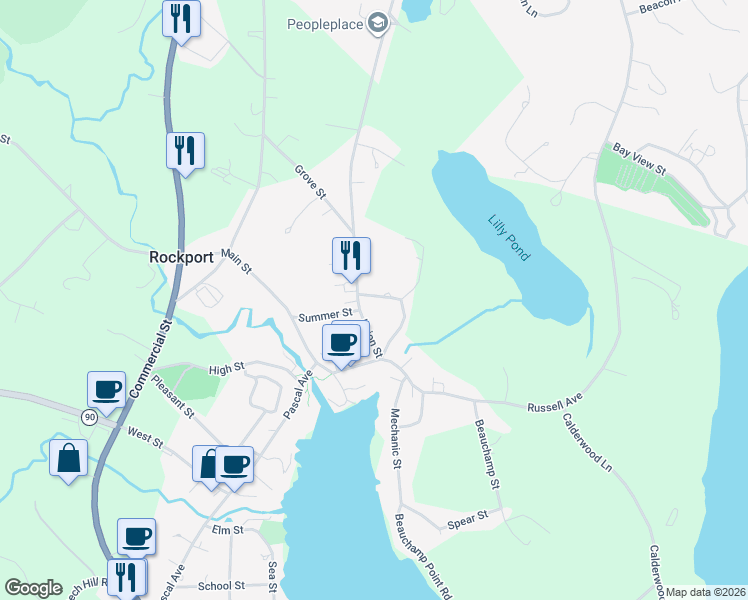 map of restaurants, bars, coffee shops, grocery stores, and more near 14 Huse Street in Rockport