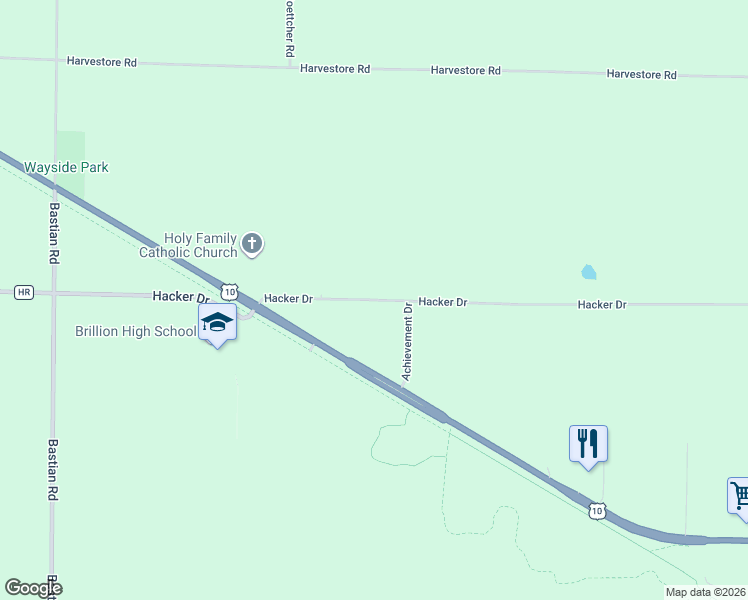 map of restaurants, bars, coffee shops, grocery stores, and more near 221 Achievement Drive in Brillion