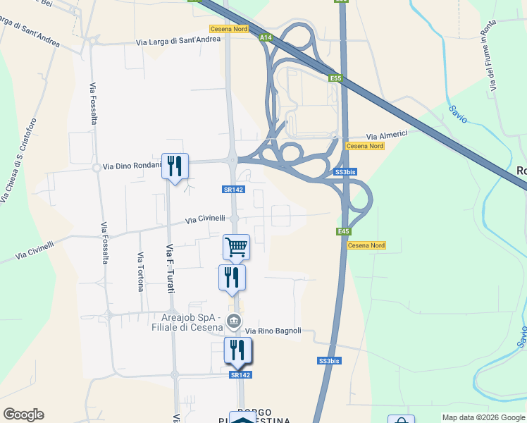 map of restaurants, bars, coffee shops, grocery stores, and more near 137 Via Roberto Ruffilli in Cesena