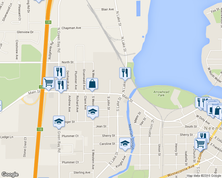 map of restaurants, bars, coffee shops, grocery stores, and more near 103 North John Street in Neenah