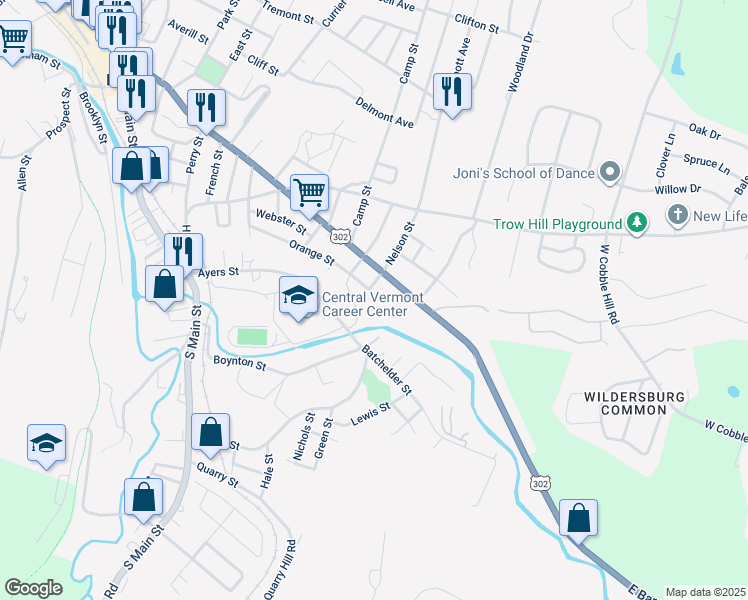 map of restaurants, bars, coffee shops, grocery stores, and more near 133 Orange Street in Barre