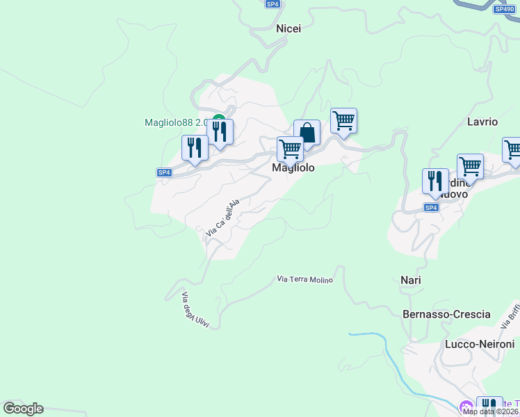 map of restaurants, bars, coffee shops, grocery stores, and more near 24 Via Lanfranchi in Magliolo