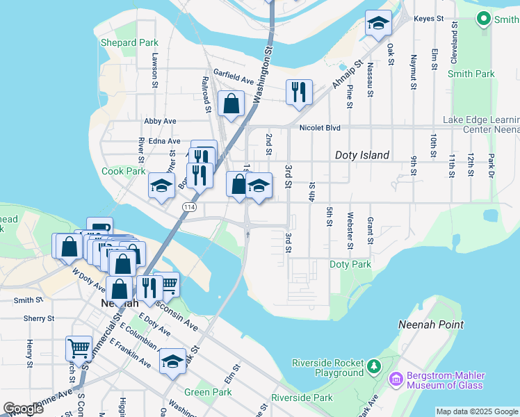 map of restaurants, bars, coffee shops, grocery stores, and more near 215 East Forest Avenue in Neenah