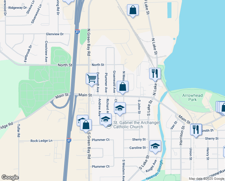 map of restaurants, bars, coffee shops, grocery stores, and more near 110 Gruenwald Avenue in Neenah
