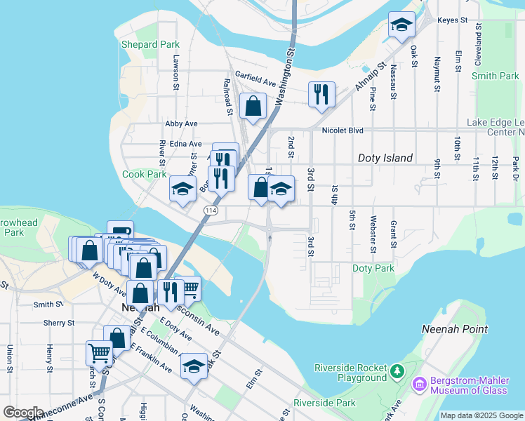 map of restaurants, bars, coffee shops, grocery stores, and more near 250 1st Street in Neenah
