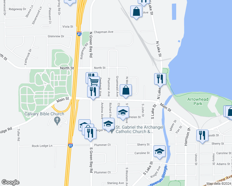 map of restaurants, bars, coffee shops, grocery stores, and more near 120 Gruenwald Avenue in Neenah