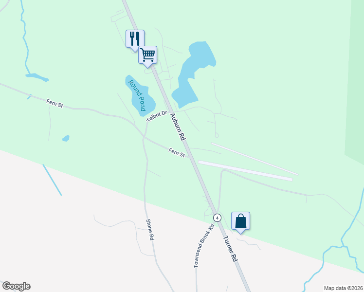 map of restaurants, bars, coffee shops, grocery stores, and more near 98 Auburn Road in Turner