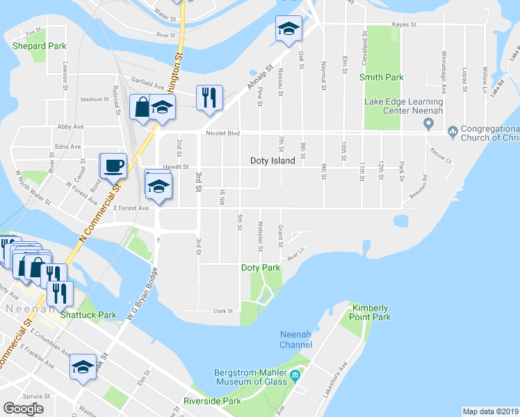 map of restaurants, bars, coffee shops, grocery stores, and more near 699 East Forest Avenue in Neenah