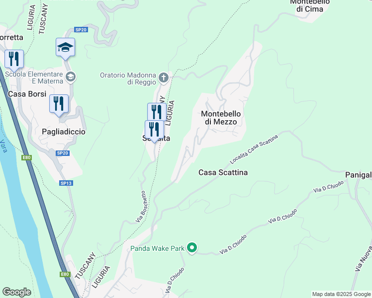 map of restaurants, bars, coffee shops, grocery stores, and more near 11 Località Montebello di Fondo in Montebello di Mezzo