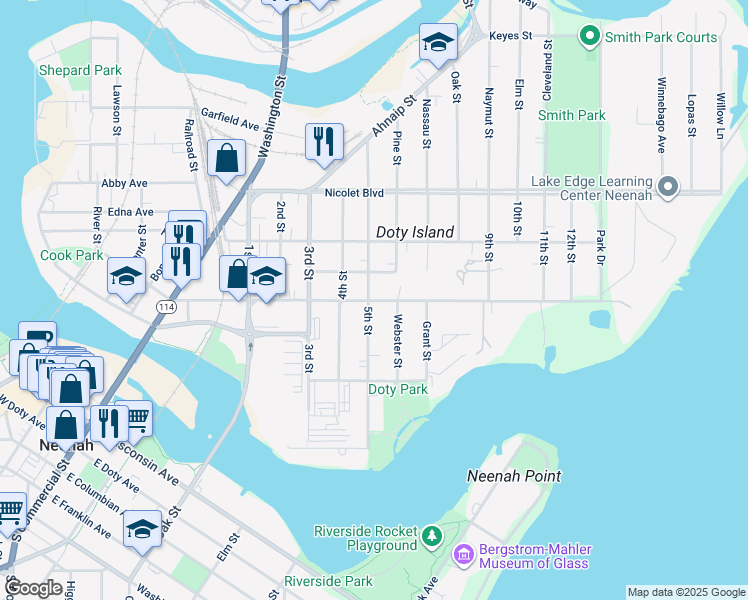 map of restaurants, bars, coffee shops, grocery stores, and more near 620 East Forest Avenue in Neenah