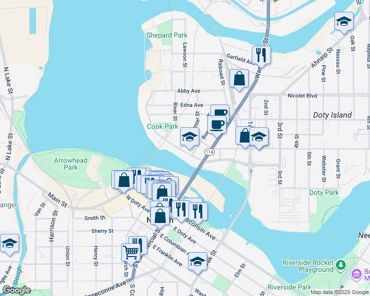 map of restaurants, bars, coffee shops, grocery stores, and more near 215 North Water Street in Neenah