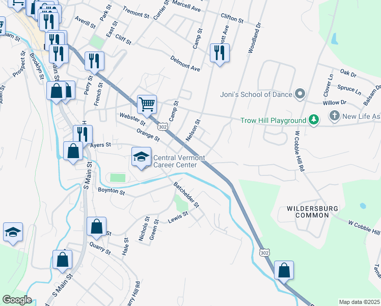map of restaurants, bars, coffee shops, grocery stores, and more near 133 Orange Street in Barre