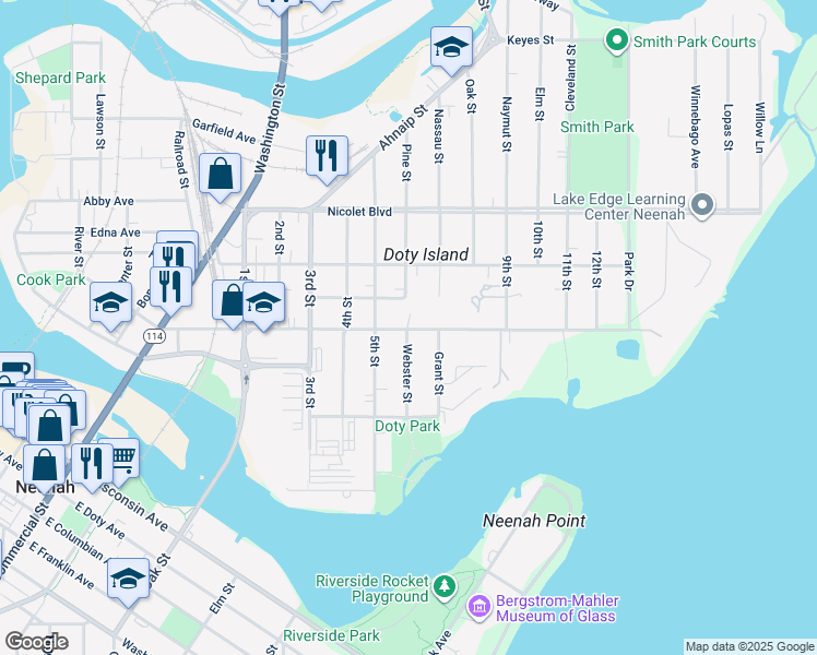 map of restaurants, bars, coffee shops, grocery stores, and more near 620 East Forest Avenue in Neenah
