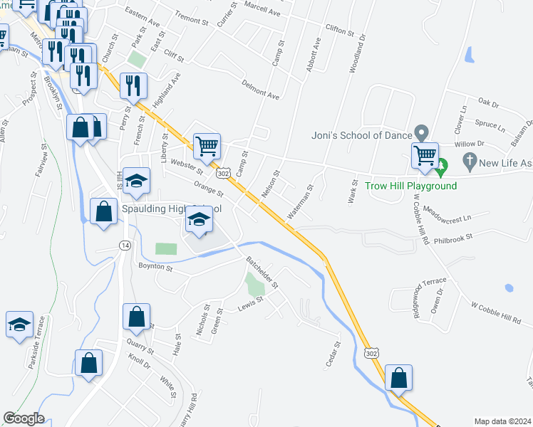map of restaurants, bars, coffee shops, grocery stores, and more near 227 Washington Street in Barre