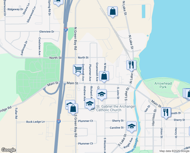 map of restaurants, bars, coffee shops, grocery stores, and more near 110 Gruenwald Avenue in Neenah