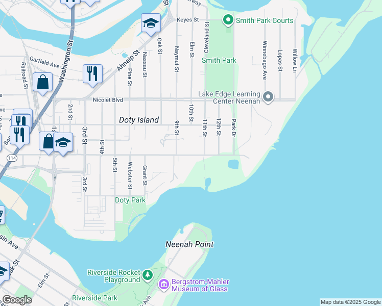 map of restaurants, bars, coffee shops, grocery stores, and more near 1102 East Forest Avenue in Neenah