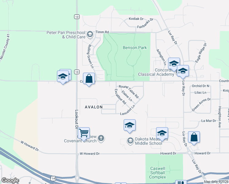 map of restaurants, bars, coffee shops, grocery stores, and more near 2113 Excalibur Road in North Mankato
