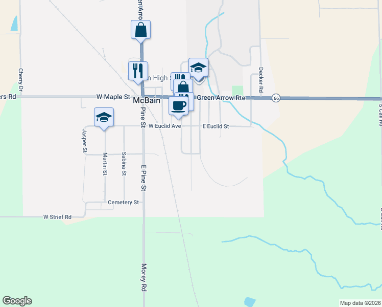 map of restaurants, bars, coffee shops, grocery stores, and more near 201 South Hughston Street in McBain