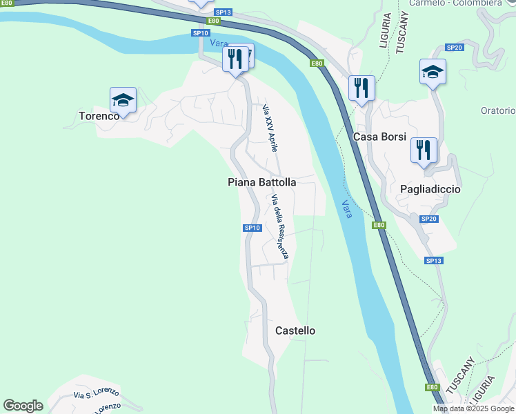 map of restaurants, bars, coffee shops, grocery stores, and more near in Piana Battolla