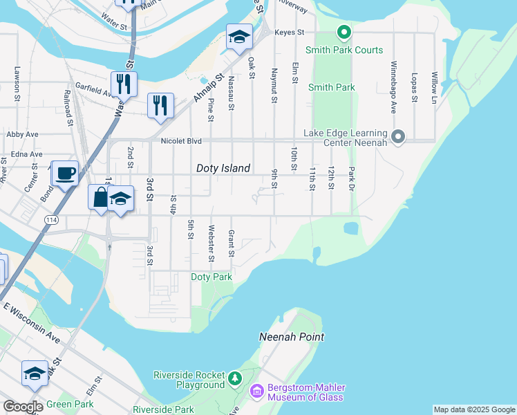 map of restaurants, bars, coffee shops, grocery stores, and more near 824 East Forest Avenue in Neenah