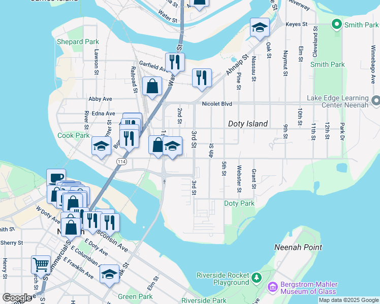 map of restaurants, bars, coffee shops, grocery stores, and more near 413 East Forest Avenue in Neenah