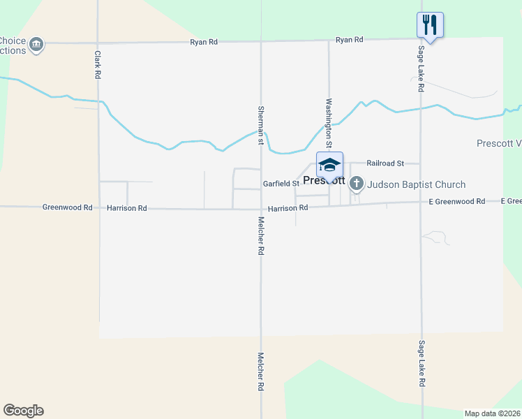 map of restaurants, bars, coffee shops, grocery stores, and more near Harrison Road in Prescott