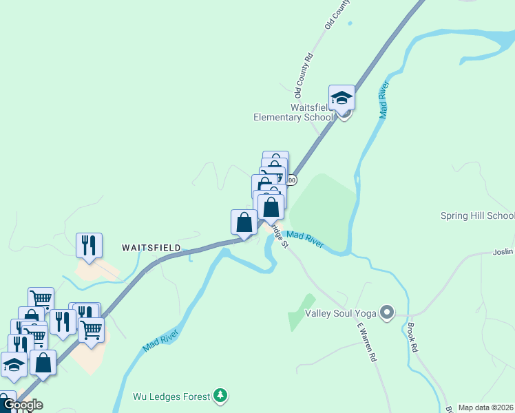 map of restaurants, bars, coffee shops, grocery stores, and more near in Waitsfield