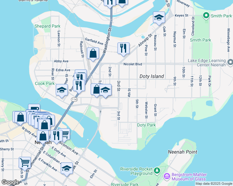 map of restaurants, bars, coffee shops, grocery stores, and more near 413 East Forest Avenue in Neenah