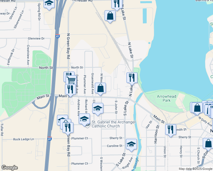 map of restaurants, bars, coffee shops, grocery stores, and more near 140 North Western Avenue in Neenah