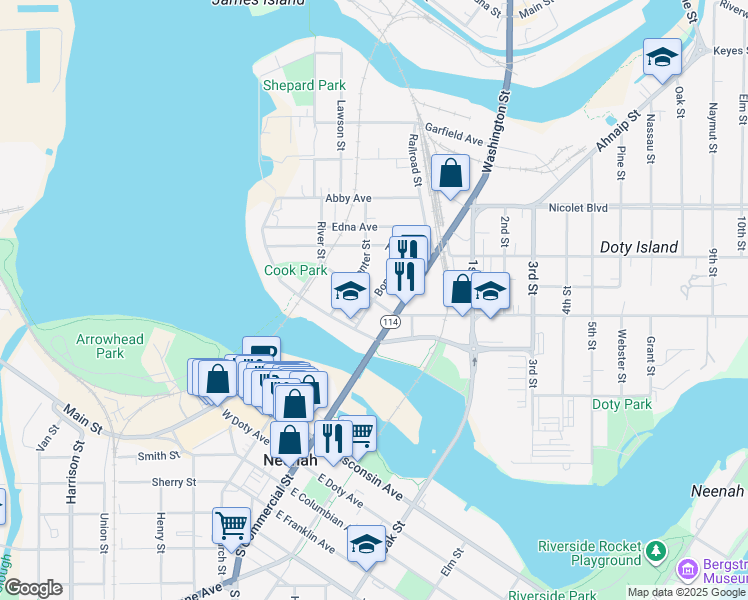 map of restaurants, bars, coffee shops, grocery stores, and more near 201 Bond Street in Neenah