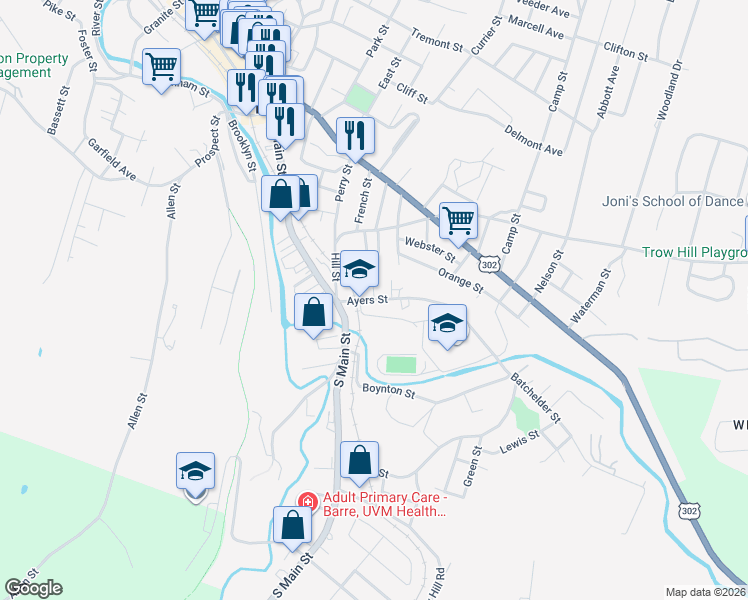 map of restaurants, bars, coffee shops, grocery stores, and more near 10 Murray Street in Barre