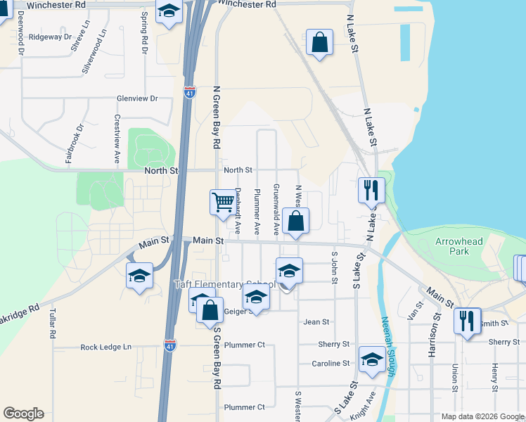 map of restaurants, bars, coffee shops, grocery stores, and more near 164 Gruenwald Avenue in Neenah