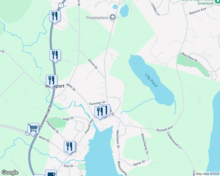 map of restaurants, bars, coffee shops, grocery stores, and more near 192 Union Street in Rockport