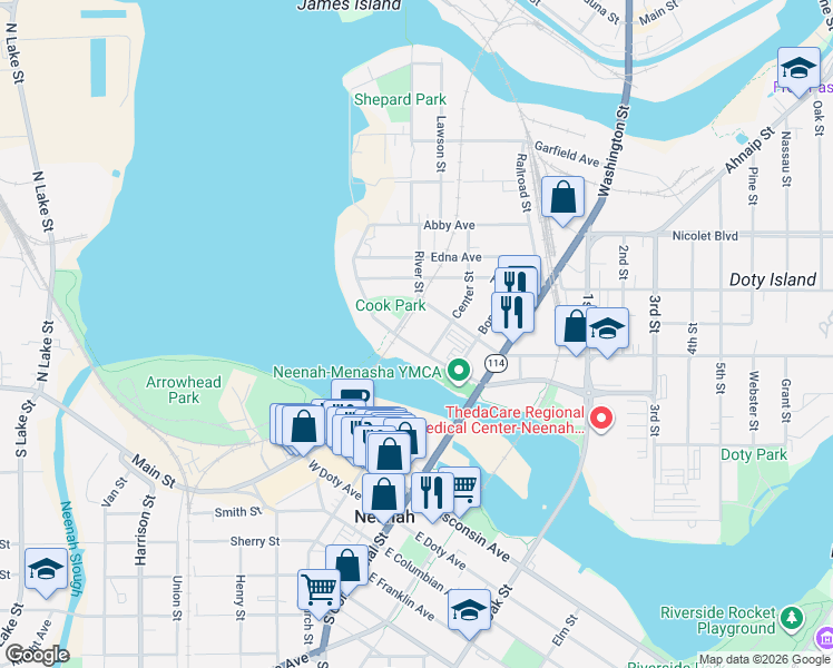 map of restaurants, bars, coffee shops, grocery stores, and more near 317 West Forest Avenue in Neenah