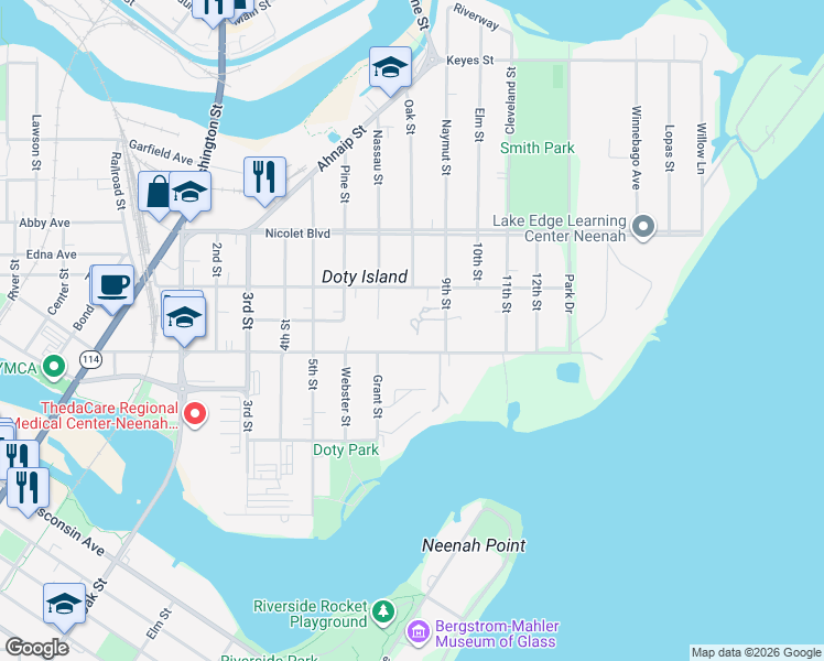 map of restaurants, bars, coffee shops, grocery stores, and more near 813 Hewitt Street in Neenah