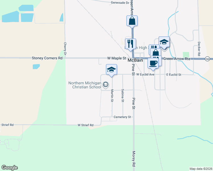 map of restaurants, bars, coffee shops, grocery stores, and more near 128 Martin Street in McBain