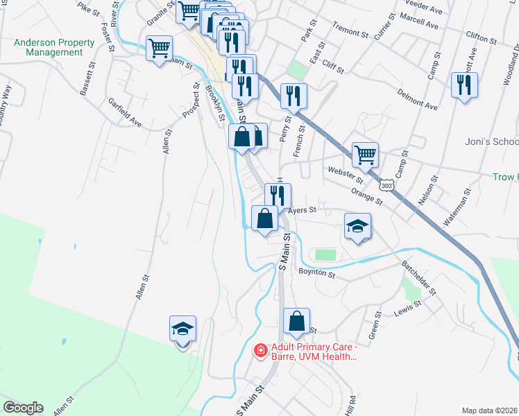 map of restaurants, bars, coffee shops, grocery stores, and more near 97 South Main Street in Barre