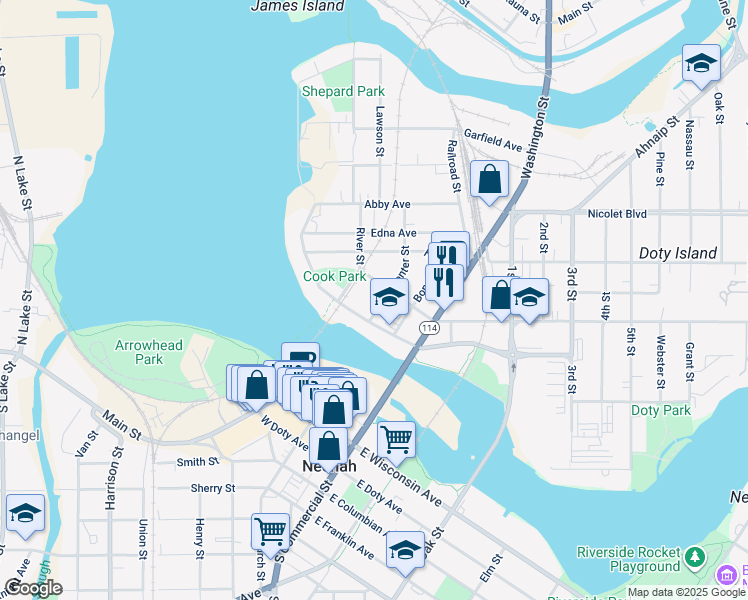 map of restaurants, bars, coffee shops, grocery stores, and more near 317 West Forest Avenue in Neenah
