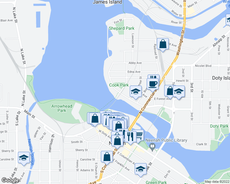 map of restaurants, bars, coffee shops, grocery stores, and more near 434 West North Water Street in Neenah