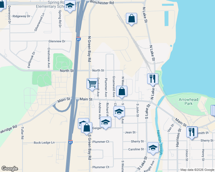 map of restaurants, bars, coffee shops, grocery stores, and more near 147 Plummer Avenue in Neenah