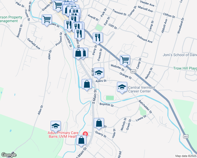 map of restaurants, bars, coffee shops, grocery stores, and more near 13 Hill Street in Barre