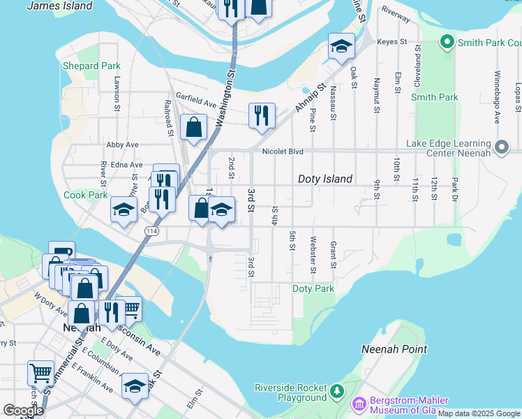 map of restaurants, bars, coffee shops, grocery stores, and more near 329 3rd Street in Neenah