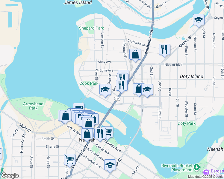 map of restaurants, bars, coffee shops, grocery stores, and more near 215 Center Street in Neenah