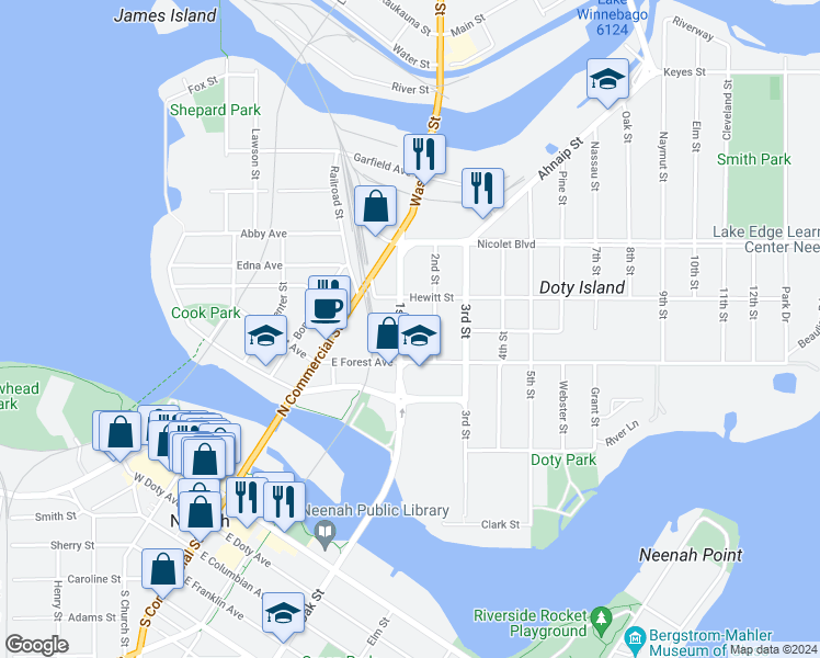 map of restaurants, bars, coffee shops, grocery stores, and more near 335 1st Street in Neenah