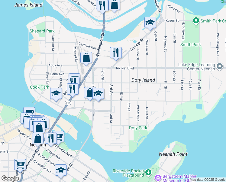 map of restaurants, bars, coffee shops, grocery stores, and more near 329 3rd Street in Neenah