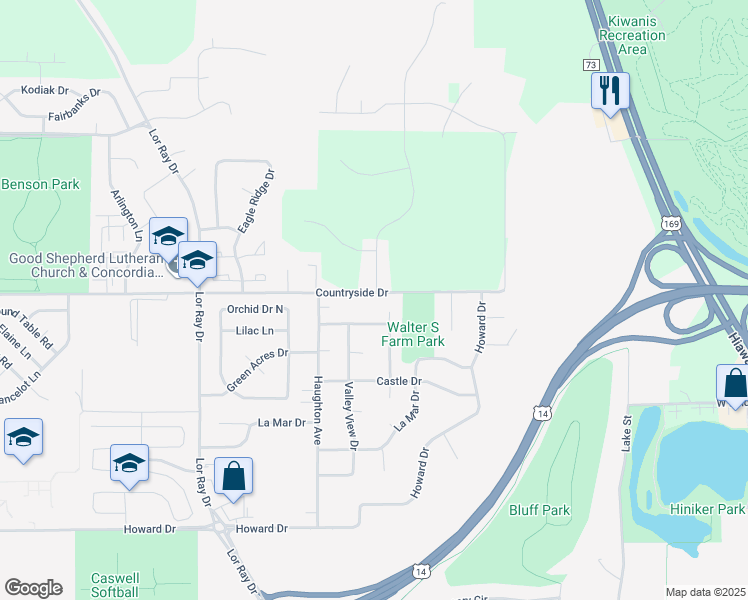 map of restaurants, bars, coffee shops, grocery stores, and more near 1665 Countryside Drive in North Mankato
