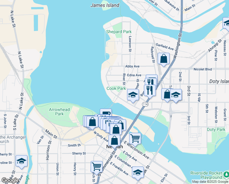 map of restaurants, bars, coffee shops, grocery stores, and more near 409 West North Water Street in Neenah