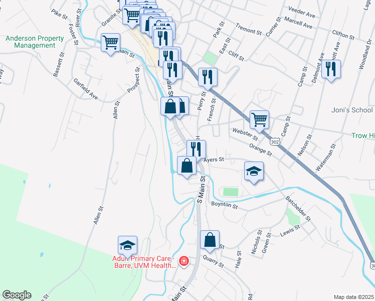 map of restaurants, bars, coffee shops, grocery stores, and more near 97 South Main Street in Barre