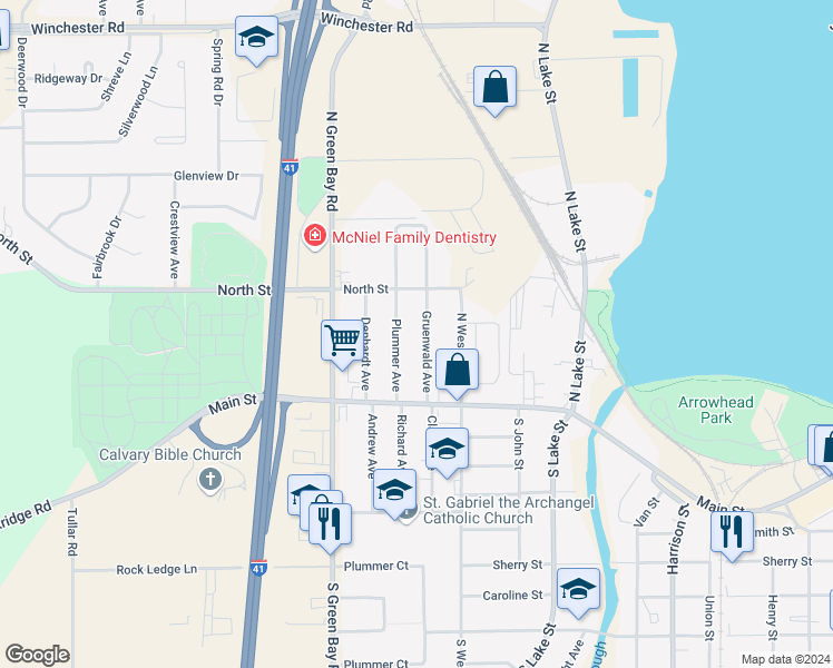 map of restaurants, bars, coffee shops, grocery stores, and more near 164 Gruenwald Avenue in Neenah
